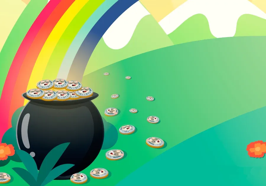 Best Fed Cats - illustration of pot of Best Fed Cat coins at the edge of a rainbow