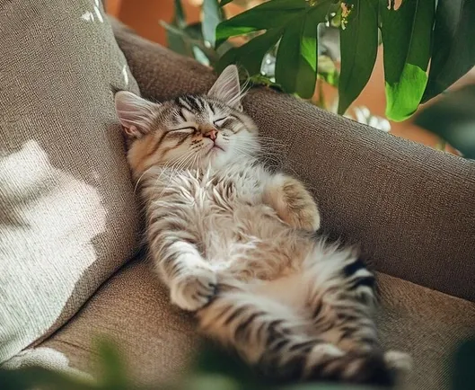 Best Fed Cats - image of a kitten exhibiting post feeding satisfaction by napping comfortably in an armchair