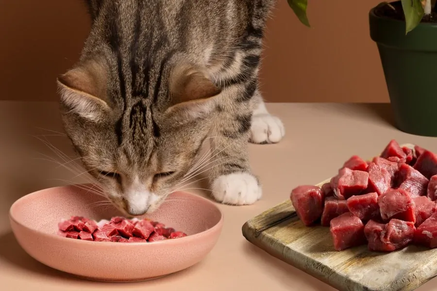 Best Fed Cats - Image of a tabby cat eating a bowl of raw food with raw meat chunks on a chopping board to the left