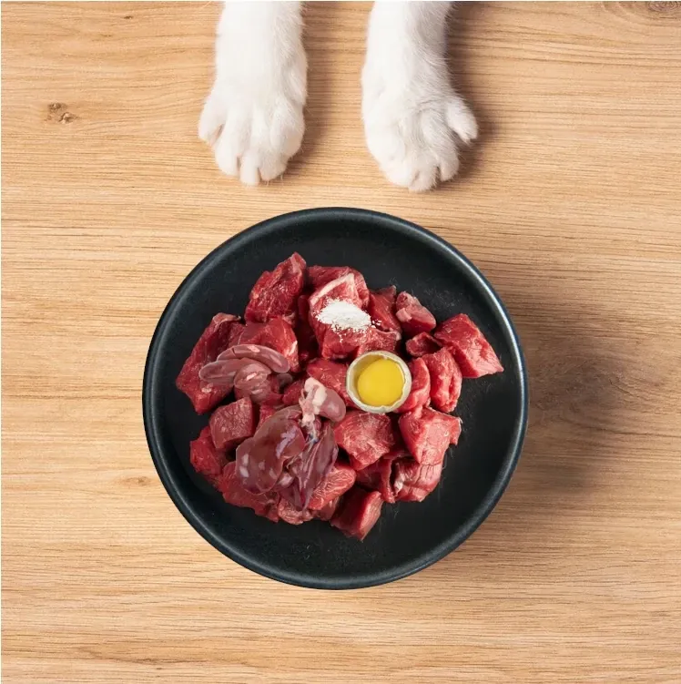 Best Fed Cats - Image of white cat paws in front of a bowl of fresh, raw food 