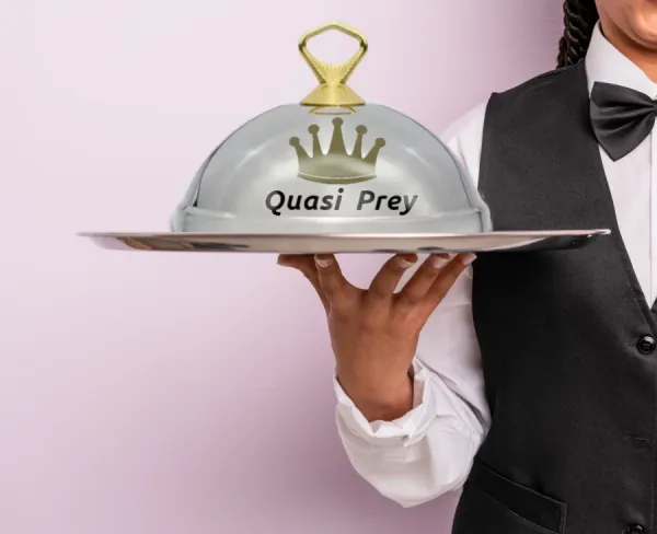 Best Fed Cats - image of waiter with tray and dome food lid with 'Quasi Prey' and a crown printed on it